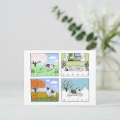 キーソンが四季を楽しむ – おもしろいドッグアート ポストカード (スタンド正面)