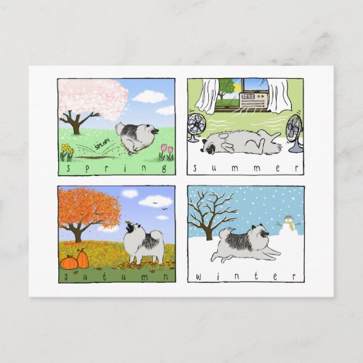 キーソンが四季を楽しむ – おもしろいドッグアート ポストカード (正面)