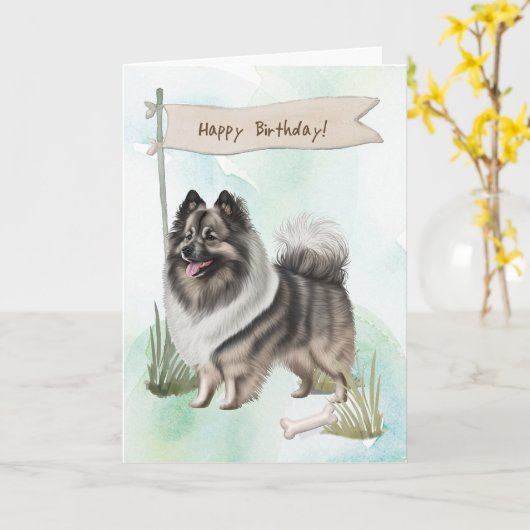 キーソン犬は誕生日標識の下でアウトドアを育てる カード (黄色い花)