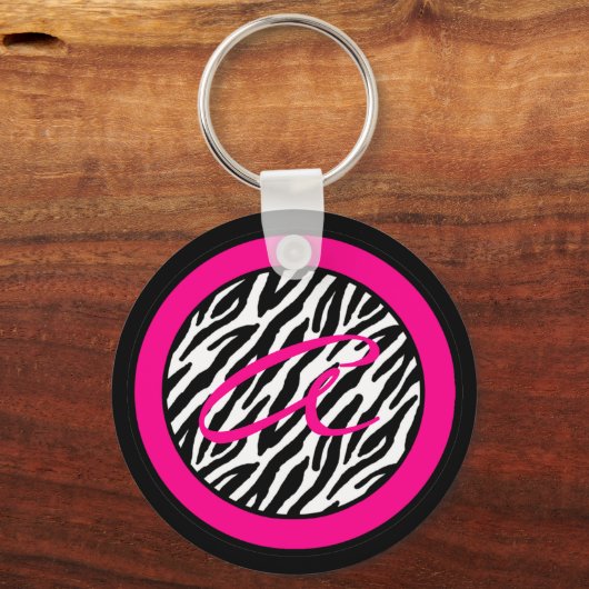 キーチェーンモノグラムホットピンクゼブラアニマルプリント キーホルダー (正面)
