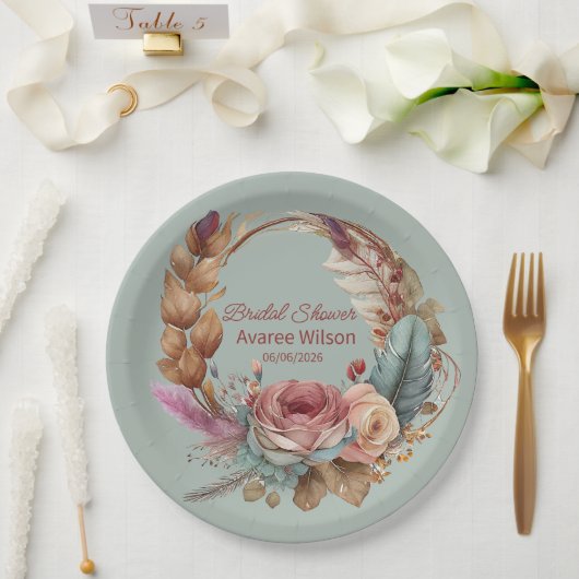 キートゥージュセージグリーンピンククリームターコイズシャワー ペーパープレート (ウェディング)
