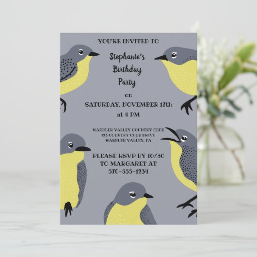 キートランドのウォーブラーズ鳥の愛好家グレー、黄色のパーティー 招待状 (スタンド正面)