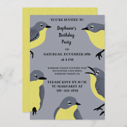 キートランドのウォーブラーズ鳥の愛好家グレー、黄色のパーティー 招待状 (正面/裏面)