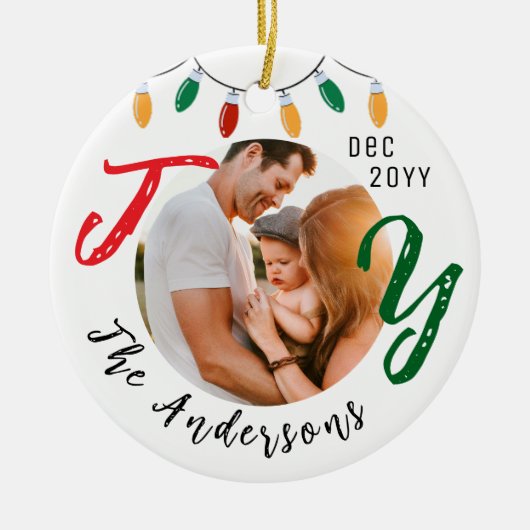 キープサケファミリーフォトホワイトジョイフェスティバルクリスマス セラミックオーナメント (正面)