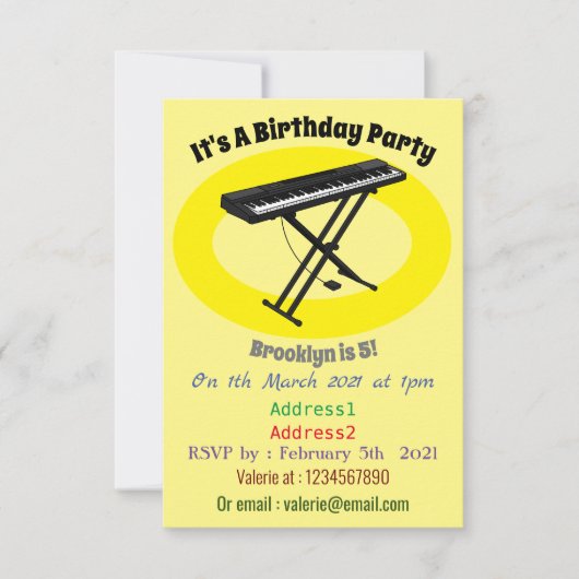 キーボードのピアノ漫画イラストレーション 招待状 (正面)