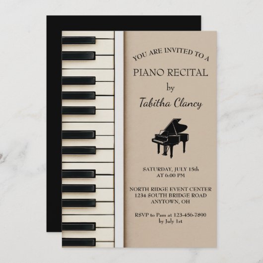 キーボード招待状付きピアノリサイタルデザイン 招待状 (正面/裏面)