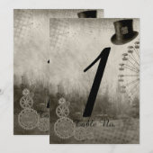 ギアとガジェットが煌く、スチームパンクカーニバルの華麗なトップハットウェディングテーブルナンバー 招待状 (正面/裏面)