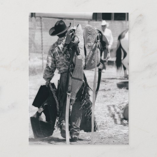 ギアを強く引くカウボーイの背面図 ポストカード (正面)