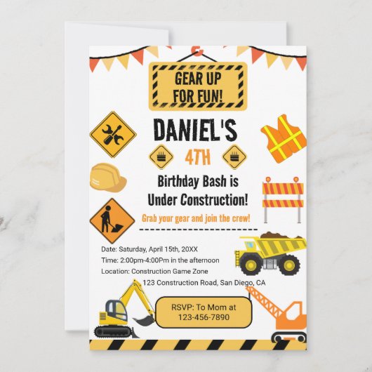 ギアアップパーソナライズされた建築テーマ誕生日 招待状 (正面)