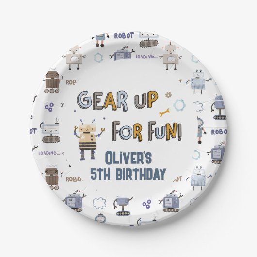 ギアアップ用おもしろいロボットキッズハッピーバースデー ペーパープレート (正面)
