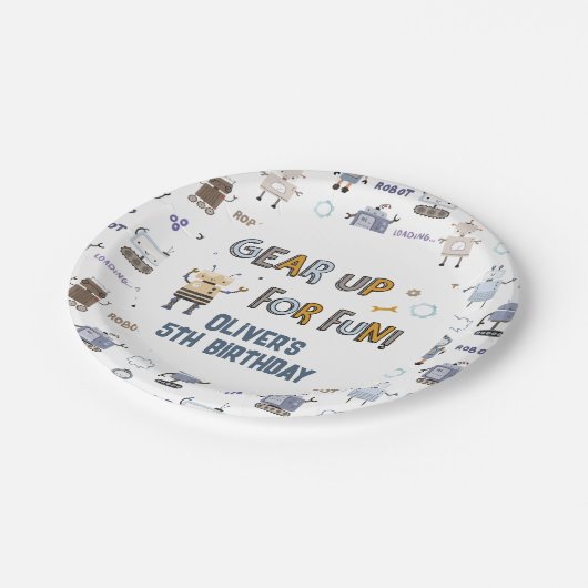 ギアアップ用おもしろいロボットキッズハッピーバースデー ペーパープレート (アングル)