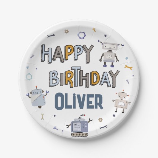 ギアアップ用おもしろいロボットキッズハッピーバースデー ペーパープレート (正面)
