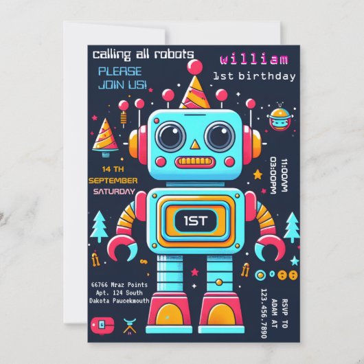 ギア男の子かわいいおもしろいおもちゃロボット最初の誕生日 招待状 (正面)