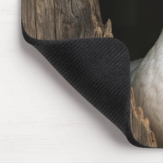 ギザギザの木の穴からのぞいている白いガチョウ マウスパッド (コーナー)