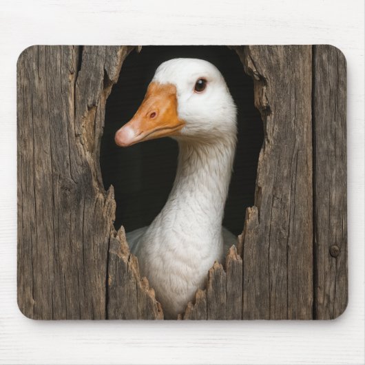 ギザギザの木の穴からのぞいている白いガチョウ マウスパッド (正面)