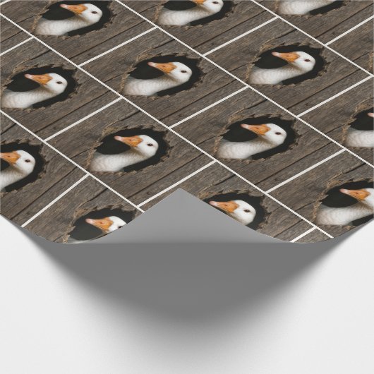 ギザギザの木の穴からのぞいている白いガチョウ ラッピングペーパー (角)