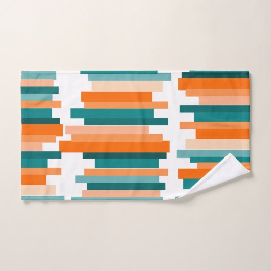 ギザギザ線 – ティール(緑がかった色)とオレンジ バスタオルセット (ハンドタオル)
