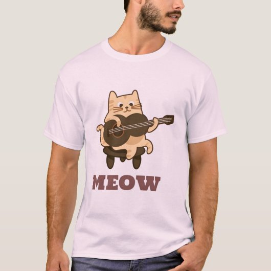 ギタおもしろいー猫Tシャツ「MEOW」音楽愛好家ティー Tシャツ (正面)