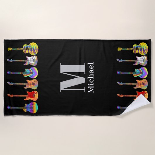ギタパーソナライズされたーサイケデリックズブラック ビーチタオル (正面)