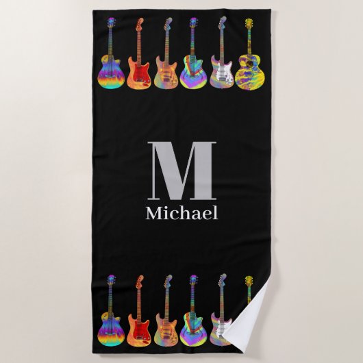 ギタパーソナライズされたーサイケデリックズブラック ビーチタオル (正面)