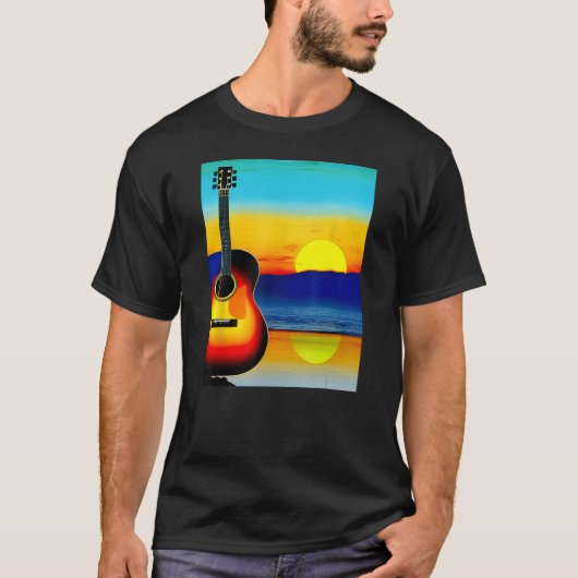 ギタリスト用サンセット芸術的デザイン付ギター Tシャツ (正面)