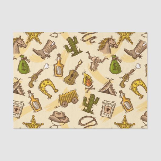 ギターおよびサボテンと着色される野生の西のカウボーイ 薄葉紙 (正面)
