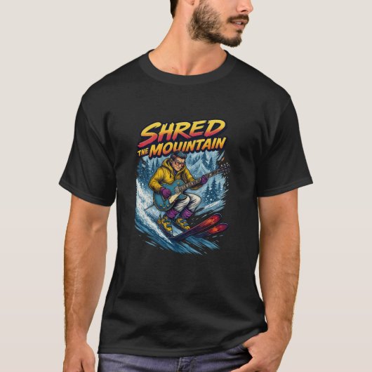 ギターとスノースキーを抱えた男の破壊的スキー Tシャツ (正面)