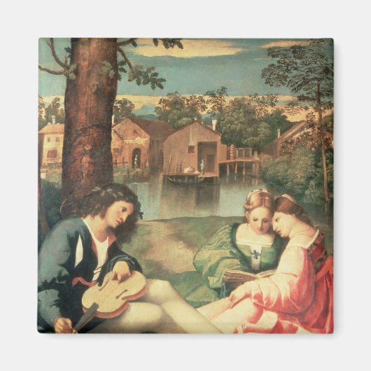 ギターと2人の女の子が座っている若者 マグネット (正面)