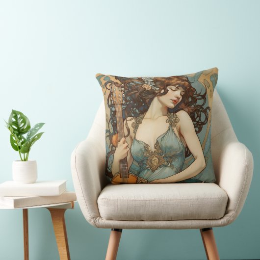 ギターのアールヌーボー枕の美しい女性 クッション (椅子)