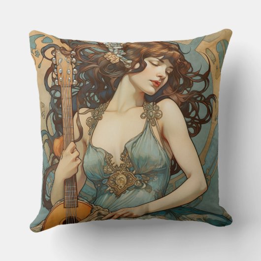 ギターのアールヌーボー枕の美しい女性 クッション (裏面)