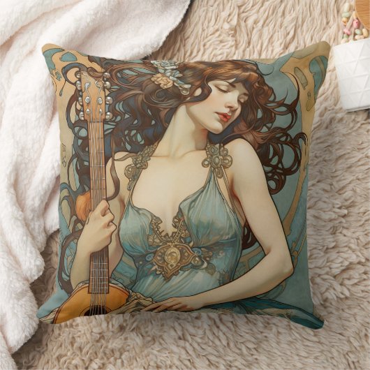 ギターのアールヌーボー枕の美しい女性 クッション (ブランケット)