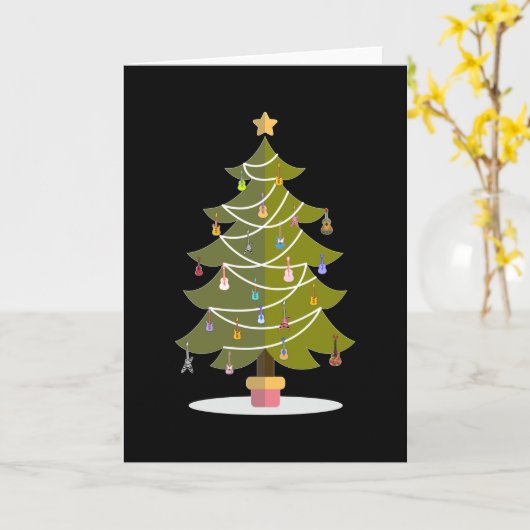 ギターのオーナメントが飾られたクリスマスツリー カード (黄色い花)