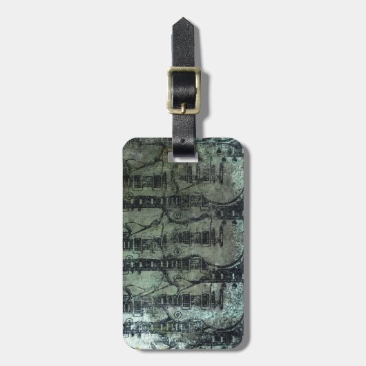 ギターのティール（緑がかった色）の緑の黒のコラージュ ラゲッジタグ (正面縦)