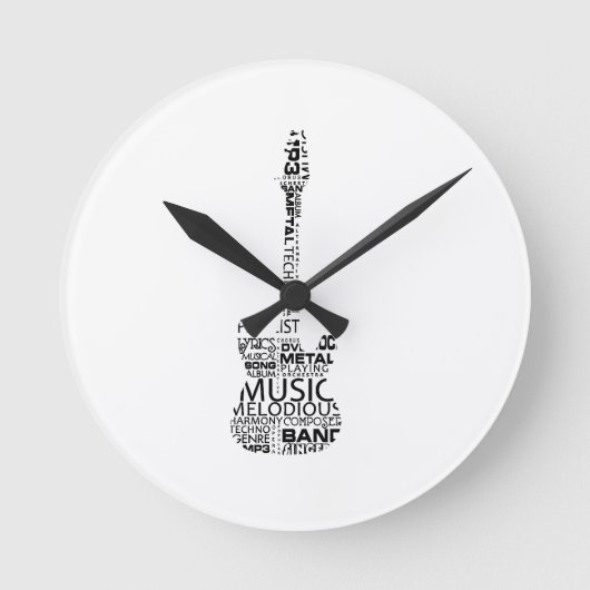 ギターの単語の盛り土の黒音楽イメージ ラウンド壁時計 (正面)