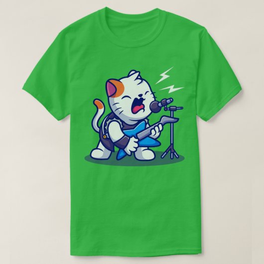 ギターの漫画が描かれた可愛い猫ロッカー Tシャツ (デザイン正面)