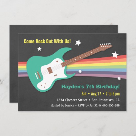 ギターの虹のロックスターのバースデーパーティ招待状 招待状 (正面/裏面)