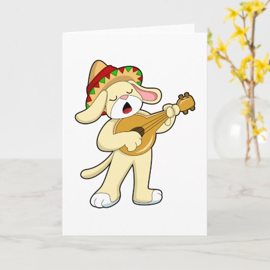 ギターの音楽と一緒の犬 カード (黄色い花)