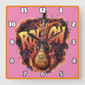 ギターは燃えるような岩のお祝いに情熱を燃やす スクエア壁時計 (正面)