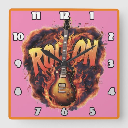 ギターは燃えるような岩のお祝いに情熱を燃やす スクエア壁時計 (正面)