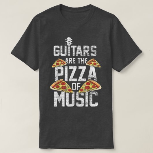 ギターは音楽ギタリストの食べ物好きのピザ Tシャツ (デザイン正面)