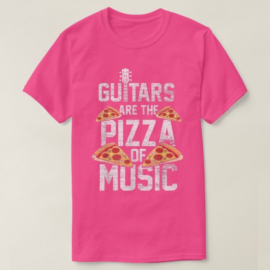 ギターは音楽ギタリストの食べ物好きのピザ Tシャツ (デザイン正面)