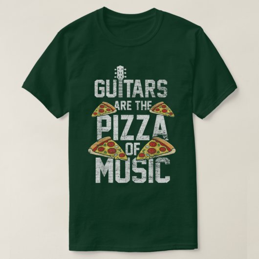 ギターは音楽ギタリストの食べ物好きのピザ Tシャツ (デザイン正面)