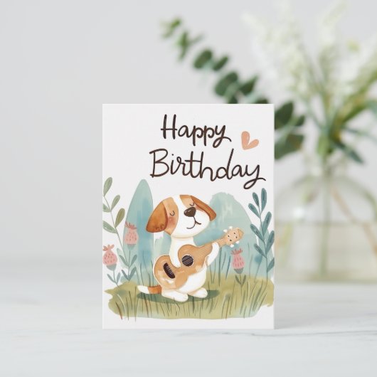 ギターを弾くかわいいビーグル犬 ハッピーバースデー ポストカード (スタンド正面)