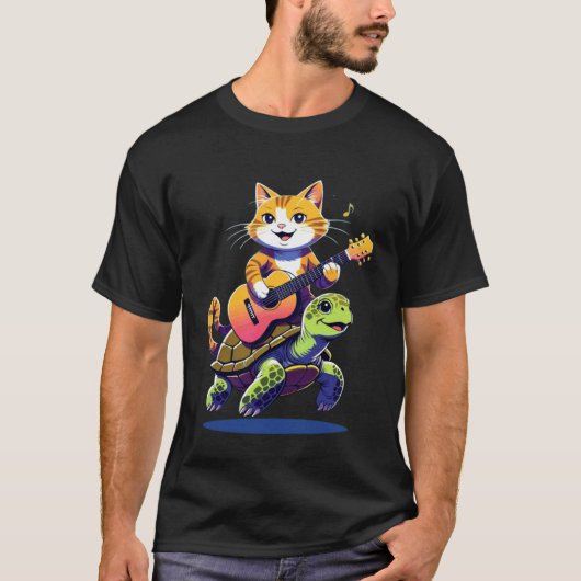 ギターを弾くカメに乗った猫 Tシャツ (正面)