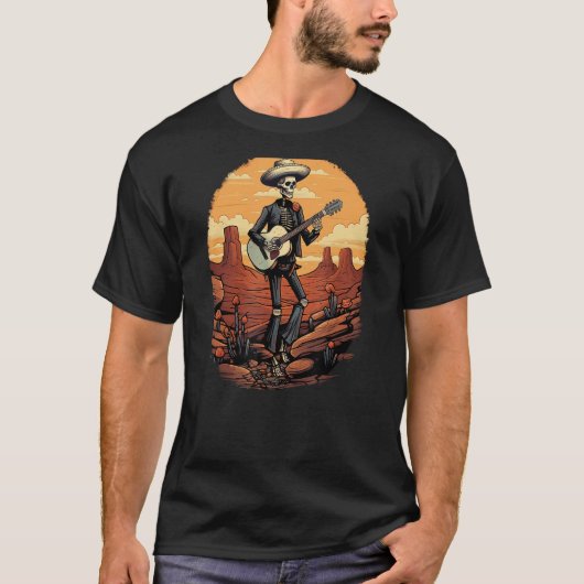 ギターを弾くスケルトンのカウボーイ、ラトルンストラム Tシャツ (正面)