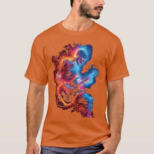 ギターを弾くスケルトン ロック ギター・シェレッド Tシャツ (正面)