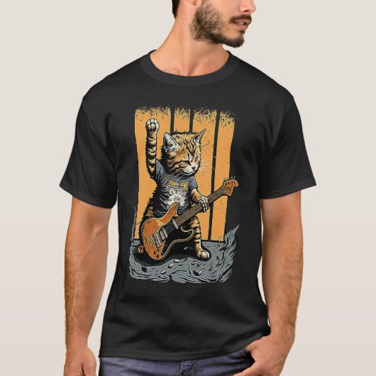 ギターを弾くネコ ロック キティ キャット ベース奏者 Tシャツ (正面)
