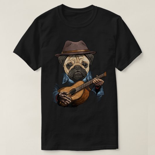 ギターを弾くパグ パグママ パグパパ 犬好き ギター Tシャツ (デザイン正面)