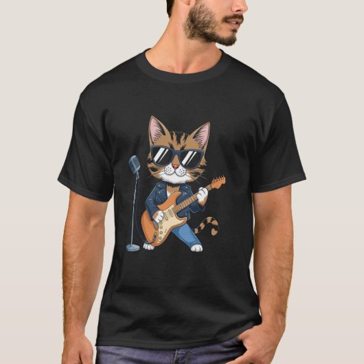 ギターを弾くロックンロールの猫 Tシャツ (正面)