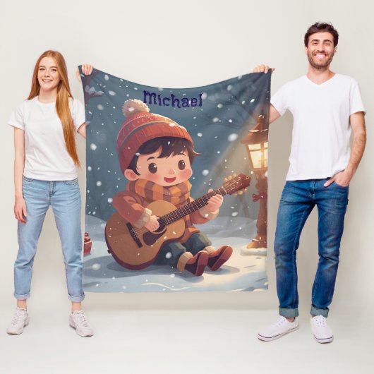 ギターを弾く少年 クリスマス フリースブランケット (インサイチュ)